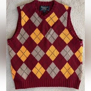 Vintage Abercrombie & Fitch Sweater Vest Burgundy Argyle Wool Cotton Size L